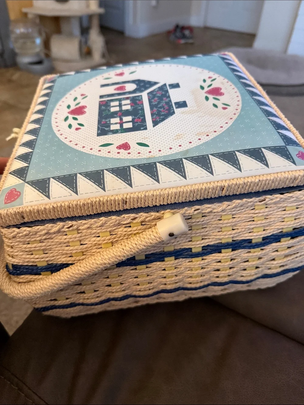 Decorative Country Cottage Sewing Basket - Blue and Cream